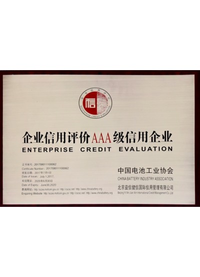 CHINESE BATTERY INDUSTRY ENTERPRISE CREDIT RATING AAA CREDIT ENTERPRISE